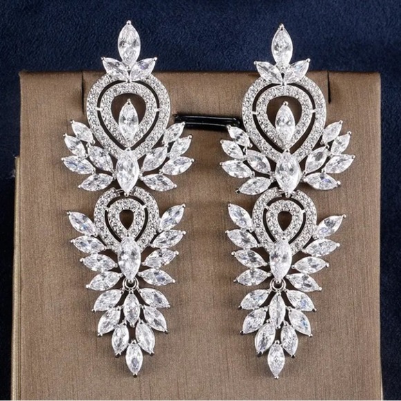 Silver Cubic Zirconia Wedding Earrings, Bridal, Dangle, Anniversary - Picture 6 of 12